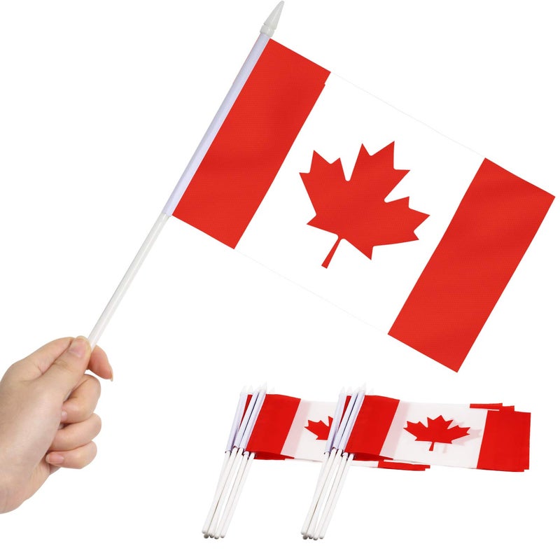 Anley Canada Mini Flag 12 Pack - Hand Held Small Miniature Canadian Flags on Stick - Fade Resistant & Vivid Colors - 5x8 Inch with Solid Pole & Spear Top - Image 1